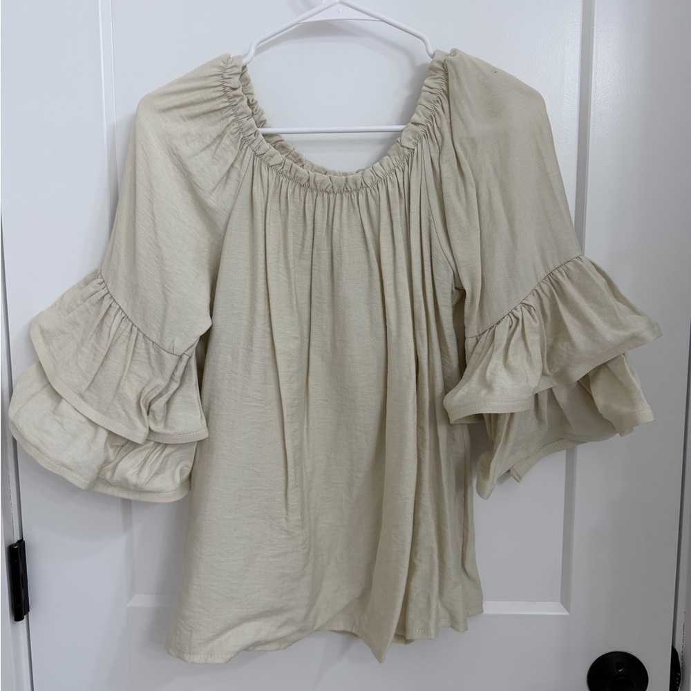 Beige Linen Women's Blouse with Ruffled Sleeves